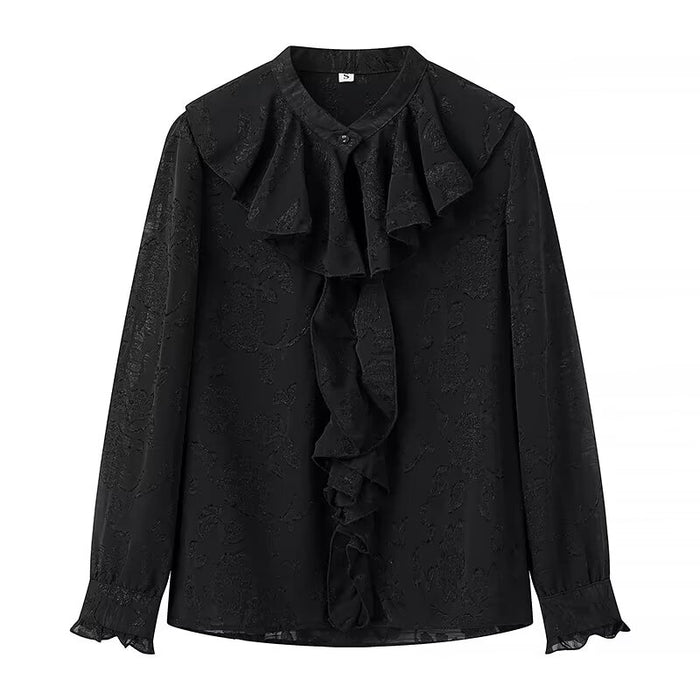 Summer Casual Women Ruffled Decorative Hollow Out Cutout Round Neck Chiffon Jacquard Loose Shirt Top