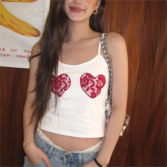 Niche Retro Heart Shaped Lace Short Stitching Spaghetti Straps Cropped Top Women Summer