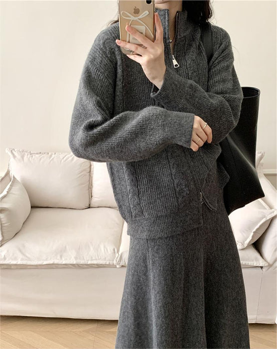 Loose Knitting Suit Women Autumn Winter Zipper Cardigan Sweater Fishtail Skirt