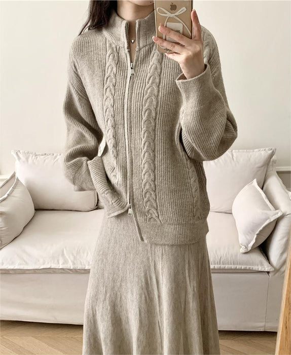 Loose Knitting Suit Women Autumn Winter Zipper Cardigan Sweater Fishtail Skirt