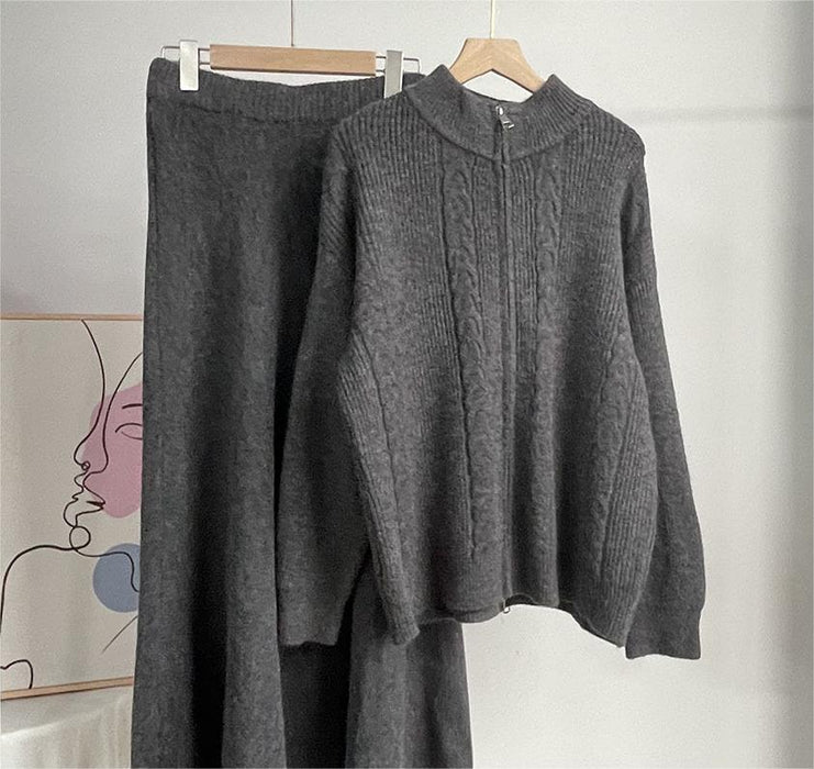 Loose Knitting Suit Women Autumn Winter Zipper Cardigan Sweater Fishtail Skirt