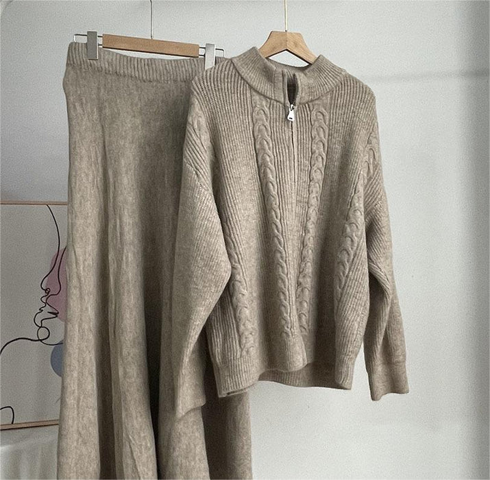 Loose Knitting Suit Women Autumn Winter Zipper Cardigan Sweater Fishtail Skirt