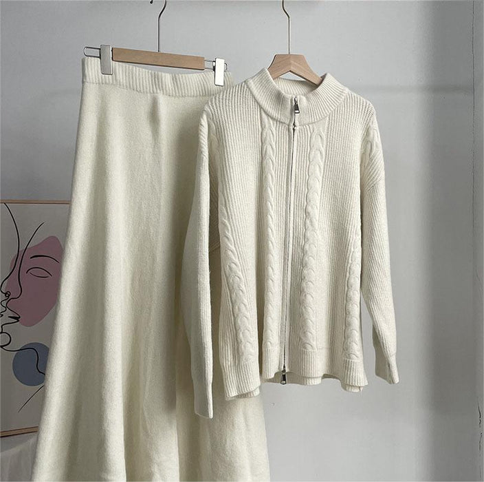 Loose Knitting Suit Women Autumn Winter Zipper Cardigan Sweater Fishtail Skirt