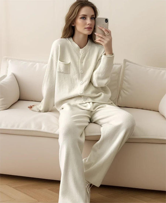 Loose Knitting Suit Women Autumn Winter Round Neck Cardigan Sweater Wide Leg Pants