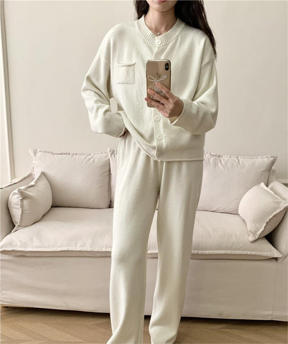 Loose Knitting Suit Women Autumn Winter Round Neck Cardigan Sweater Wide Leg Pants