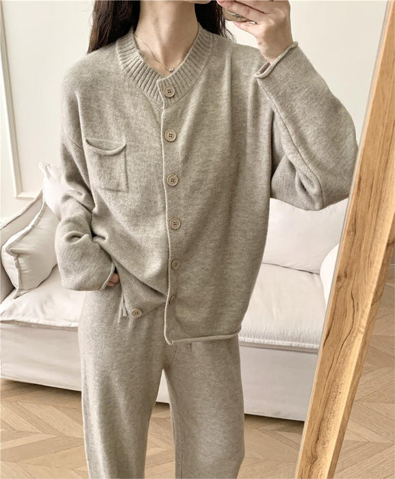 Loose Knitting Suit Women Autumn Winter Round Neck Cardigan Sweater Wide Leg Pants