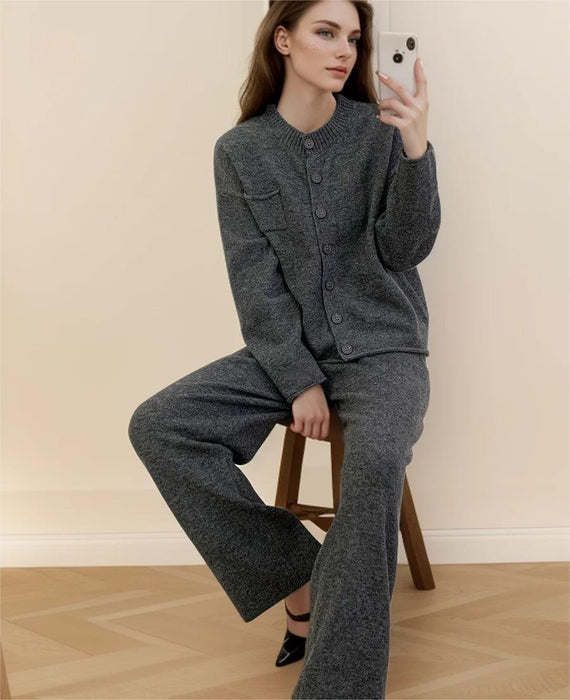 Loose Knitting Suit Women Autumn Winter Round Neck Cardigan Sweater Wide Leg Pants