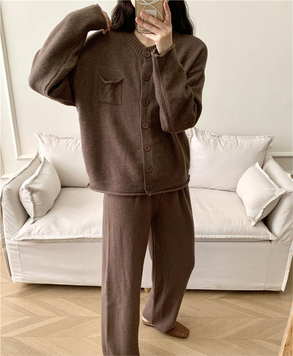 Loose Knitting Suit Women Autumn Winter Round Neck Cardigan Sweater Wide Leg Pants