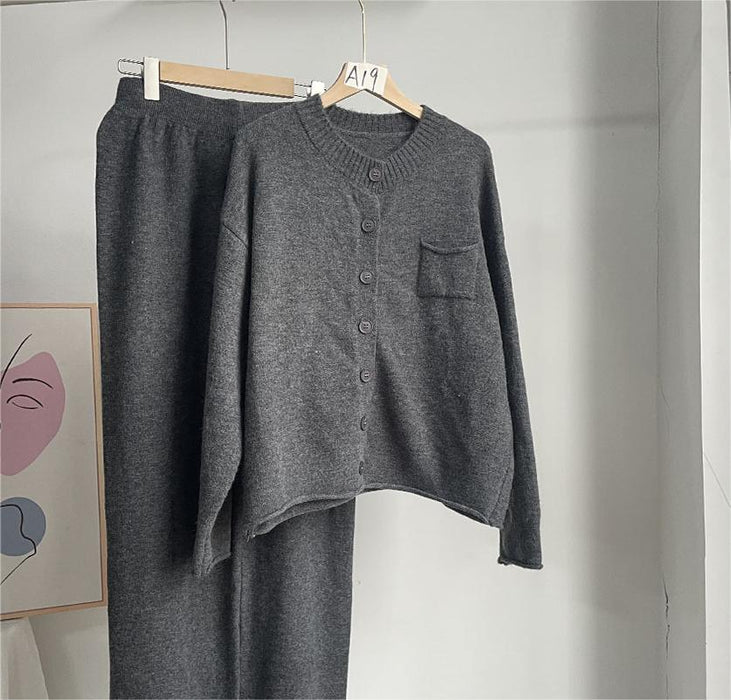 Loose Knitting Suit Women Autumn Winter Round Neck Cardigan Sweater Wide Leg Pants