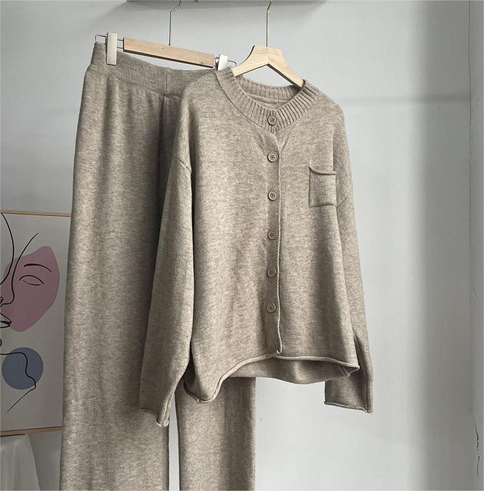 Loose Knitting Suit Women Autumn Winter Round Neck Cardigan Sweater Wide Leg Pants