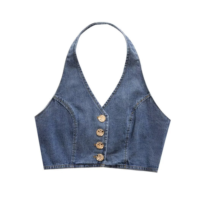 Summer Women Clothes French All Match Halter Sleeveless Skinny Short Denim Vest