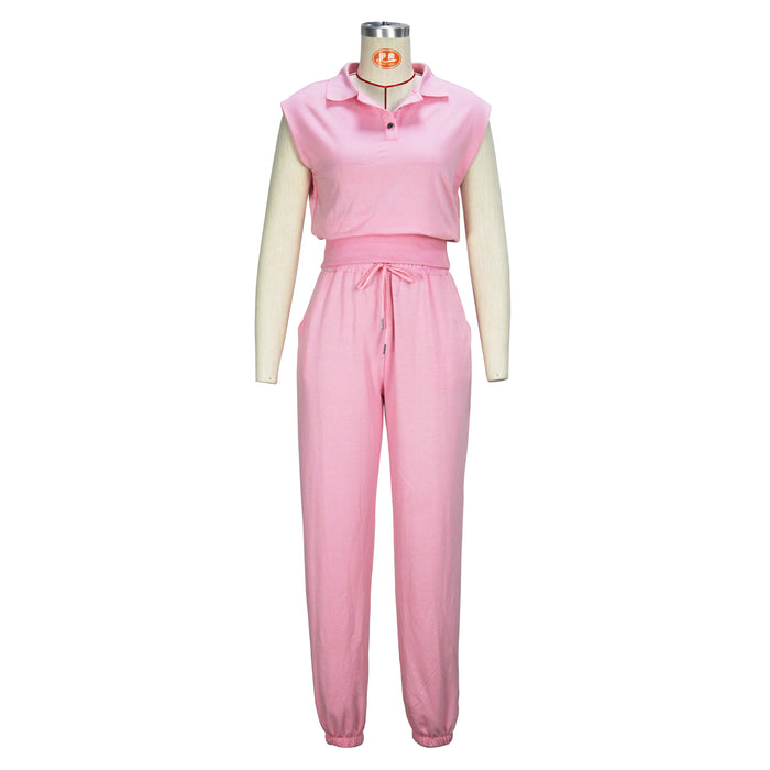 Women Clothing Spring Summer Elegant Solid Color Pink Sleeveless Top Trousers Set