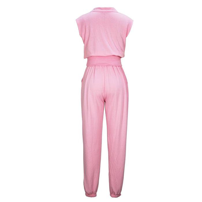 Women Clothing Spring Summer Elegant Solid Color Pink Sleeveless Top Trousers Set