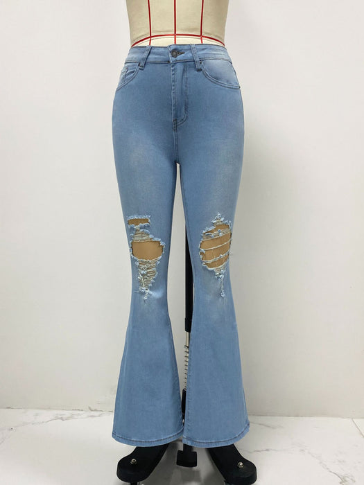 Spring Summer Ripped Jeans Women Office Slim Fit Bootcut Trousers