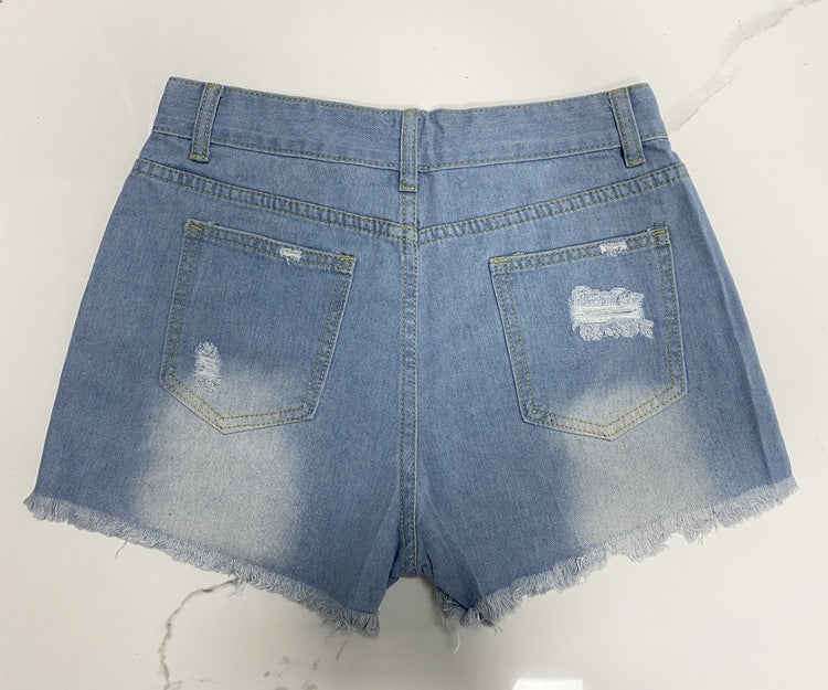 Breasted Printed Patch Denim Shorts Women Ripped Tassel Pants