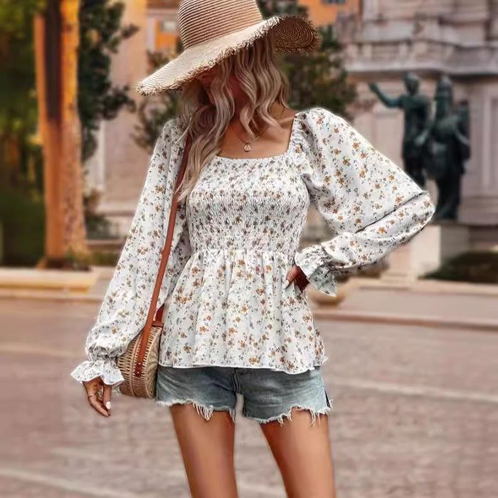 Spring Square Collar Floral Long Sleeved Top