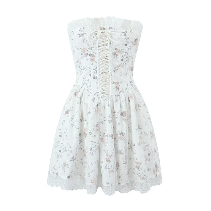 Summer French Strap Mesh Puffy Floral Strapless Dress