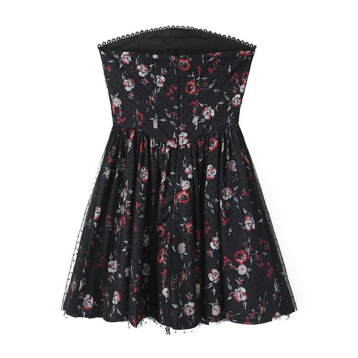 Summer French Strap Mesh Puffy Floral Strapless Dress