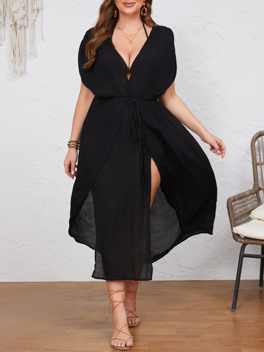 Plus Size Maxi Dress Pure Black A line Low Necked V neck Loose Sleeveless Side Slit Dress