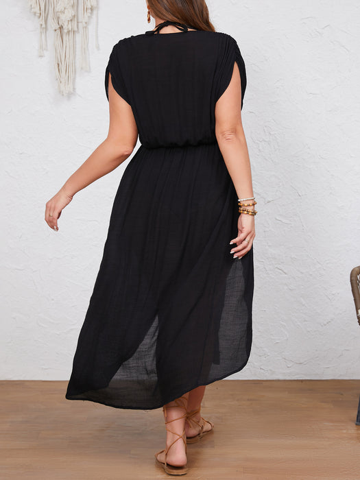 Plus Size Maxi Dress Pure Black A line Low Necked V neck Loose Sleeveless Side Slit Dress