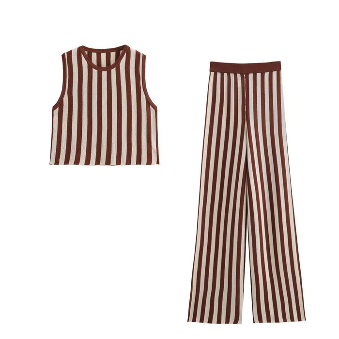 Summer Women Clothing Fashionable Knitted Striped Top Pants Set