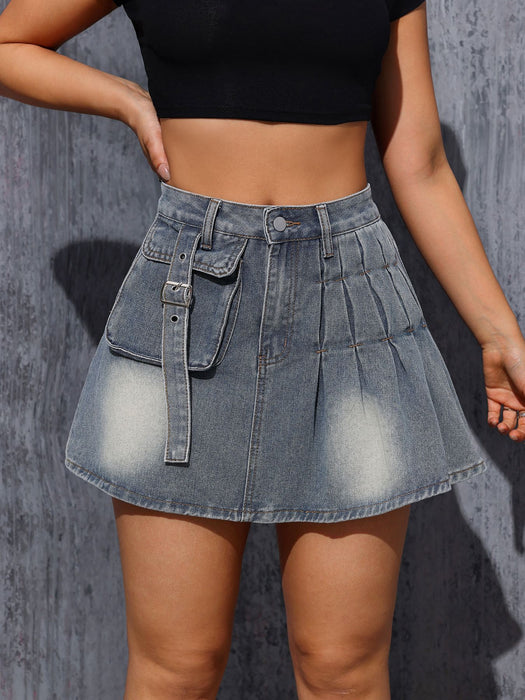 Retro A Line Half Length Denim Short Skirt Sexy Work Clothes Pocket Summer High Sense