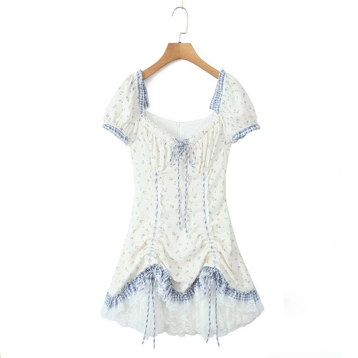 French Sweet Drawstring Lace Lace Stitching Printing Dress Pastoral Slimming Short for Women