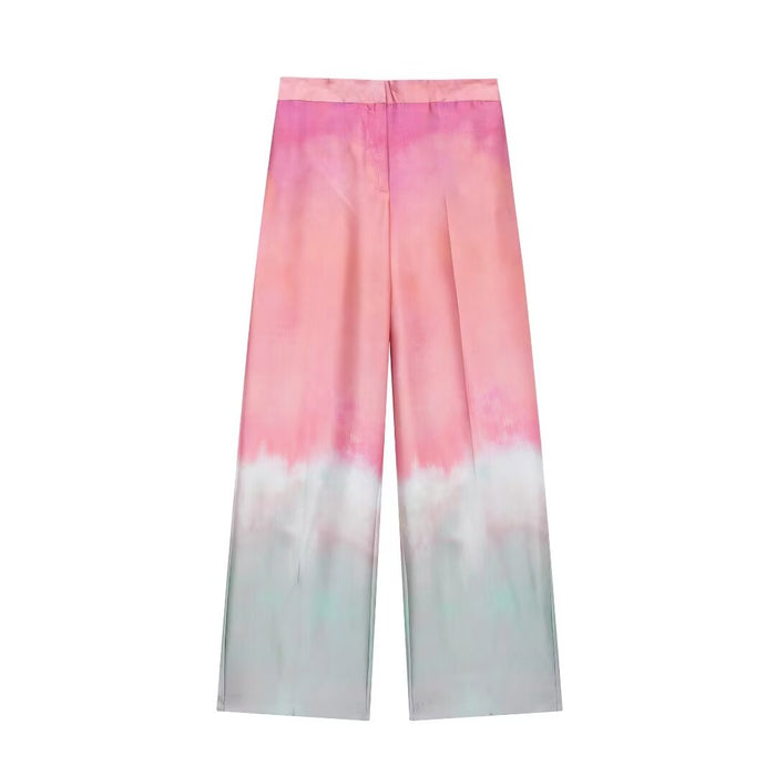 Long Sleeve Collared Tie Dye Printed Shirt High Waist Wide Leg Trousers