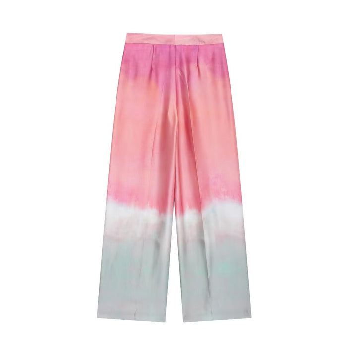 Long Sleeve Collared Tie Dye Printed Shirt High Waist Wide Leg Trousers