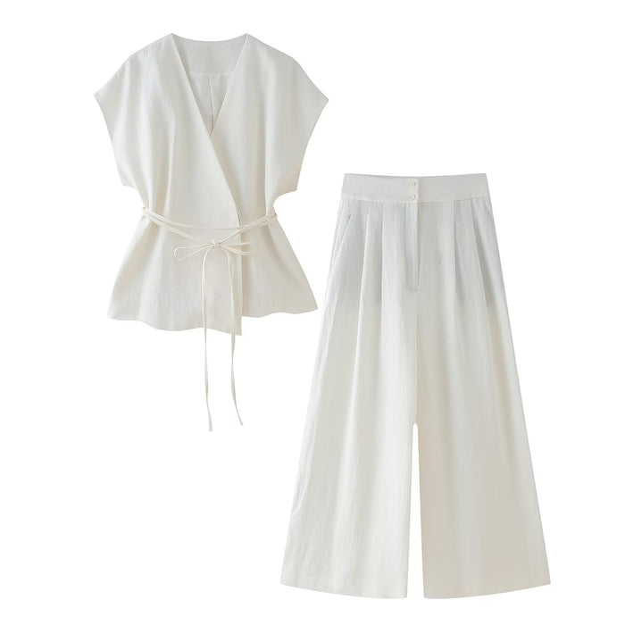 Summer Women Clothing Retro Loose Casual High Waist Wide Leg Linen Blended Pleated Pants Sets