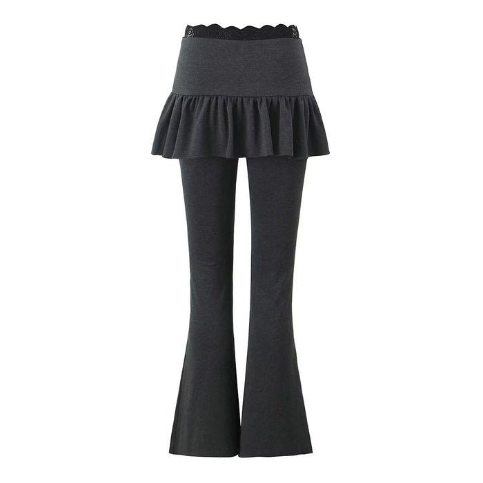 Stitching Lace Edge Pleated Pants Skirt Women Autumn Sexy Faux Two Pieces High Waist Drooping Casual Flared Pants