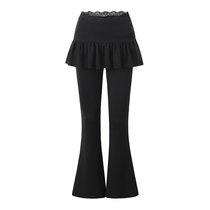 Stitching Lace Edge Pleated Pants Skirt Women Autumn Sexy Faux Two Pieces High Waist Drooping Casual Flared Pants