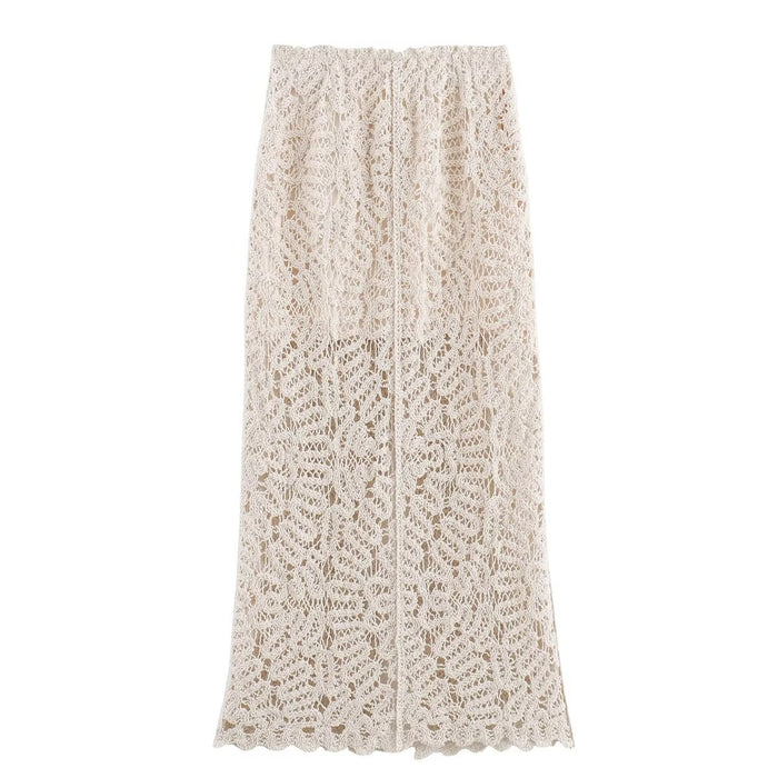 Summer Women Clothing Slimming Solid Color Crocheted Knitted Front Slit Midi Skirt