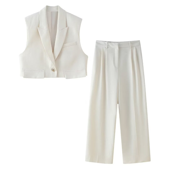 Women Two Piece Casual Flip Trim Short Vest Pleated Wide Leg Pants Sets