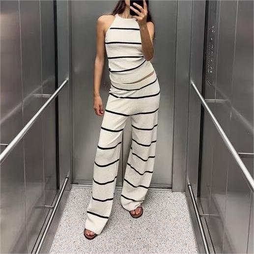 Summer Diagonal Cut Knitted Camisole Striped Pants