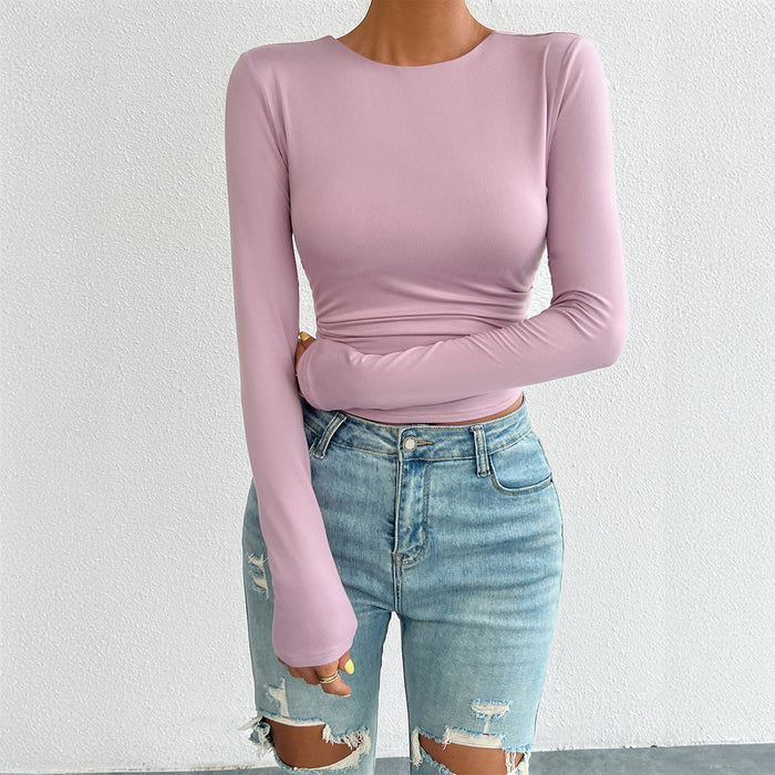 Autumn Winter Women Elegant Slim round Neck Knitted Long Sleeved Top