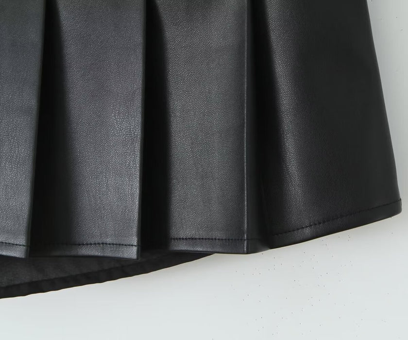 Street Sexy Low Waist Skirt Women Design Stitching Anti Exposure A line Pleated Miniskirt Leather Skirt