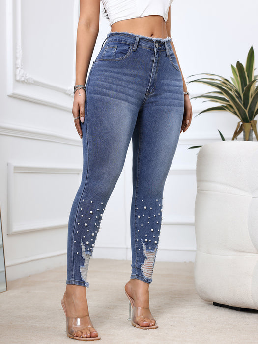 Ladies Stretch Denim Trousers Personalized Pearl Ripped Tassel Smalt