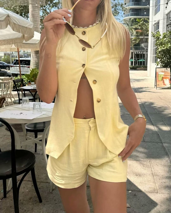 Summer Round Neck Sleeveless Vest High Waist Straight Leg Pants Office Suit Women