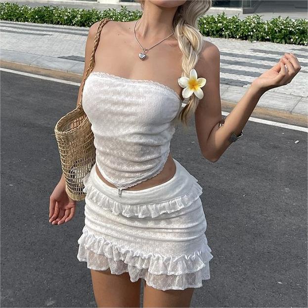 Summer Women Clothing Solid Color Sexy Lace Design Tube Top Short Skirt Set Women