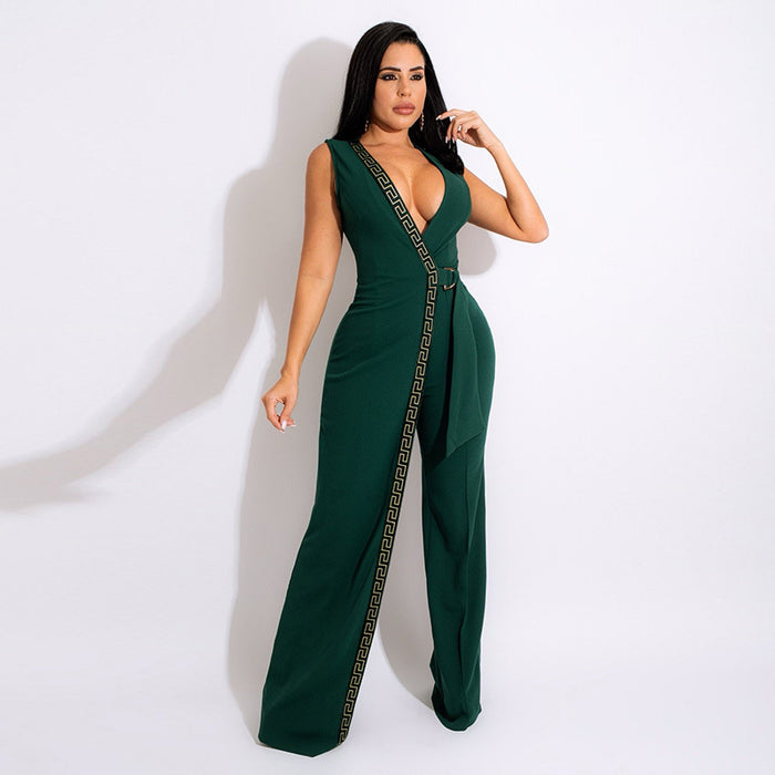 Spring Deep V Plunge Neck Slim Fit Jumpsuit Simple Smart Trousers Containing Belt