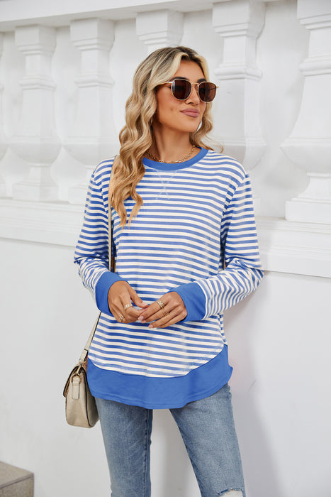 Autumn Winter Striped Contrast Color round Neck Loose Long Sleeve Sweatershirt Top for Women