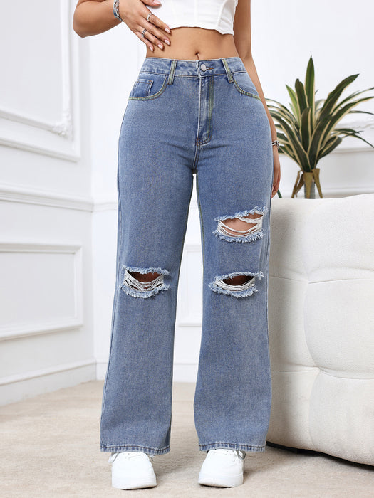 Women Clothing Spring Trendy Wide Leg Loose Hole High Waist Denim Trousers