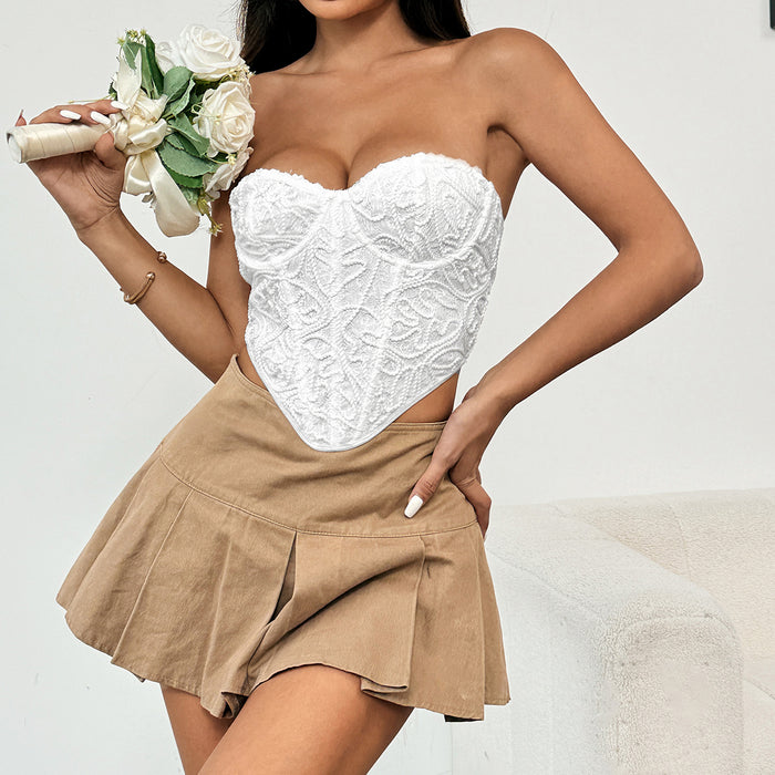 Sexy Low Cut Lace Texture Tube Top Backless Lace up Diamond Boning Corset Vest