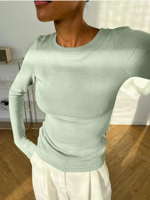 Modal Knitted Long Sleeved Women Slim Fitting Basic Solid Color Bottoming T shirt