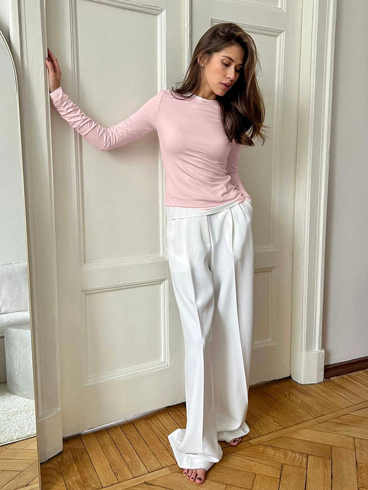 Modal Knitted Long Sleeved Women Slim Fitting Basic Solid Color Bottoming T shirt