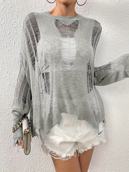 Lazy Knitted Drop Shoulder Sleeve Ripped Sweater Sexy Casual Design Hollow Out Cutout Out Top