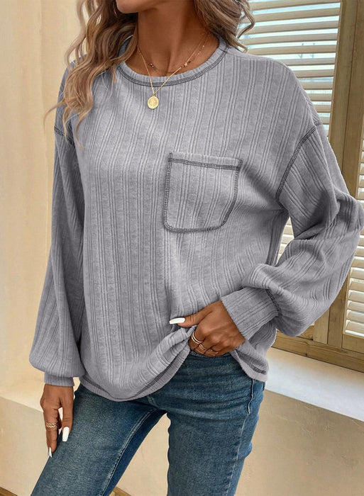 Women Women Sunken Stripe Brushed Solid Color Round Neck Pocket Casual Loose Fitting T Shirt Women