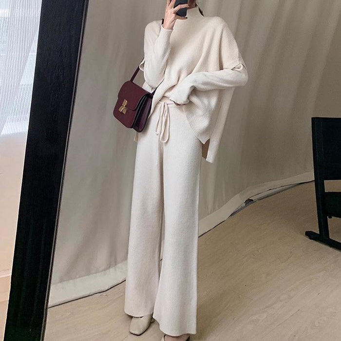 Spring Lazy Wind Casual Loose Waist Turtleneck Sweater Wide Leg Pants Knitting Suit Women Three Piece Suit