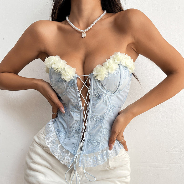 Embroidery Stitching Handmade Floral Sexy Lace Flounce Trim Lace Up Corset Boning Corset Vest